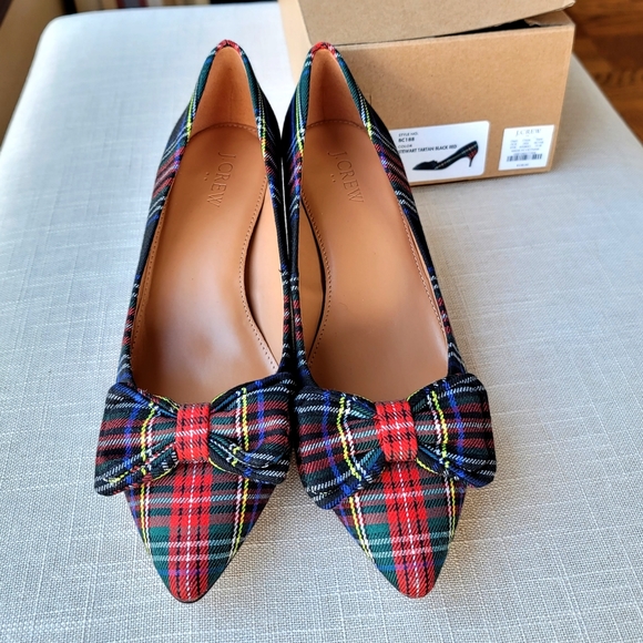 NEW! J. Crew Esme Black Plaid Tartan Kitten Heels Pump with Bow NWT - Picture 2 of 7
